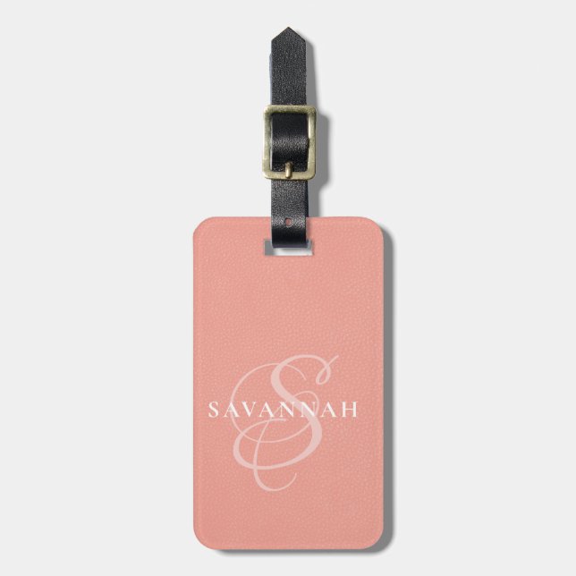 Elegant Monogram Skript Rosa Söt Läder Bagagebricka (Vertikal Framsida)
