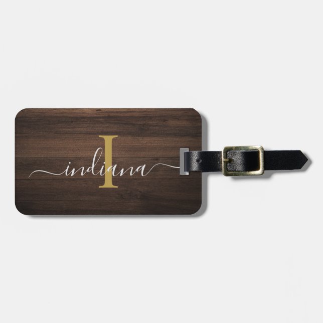 Elegant Monogram skript Rustic Wood-utseende Bagagebricka (Horisontell Framsida)