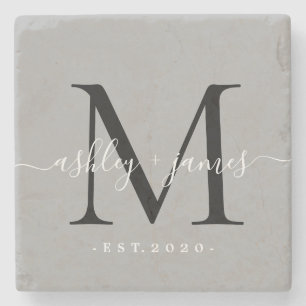 Elegant monogram skriptnamn bröllopsdatum grått stenunderlägg