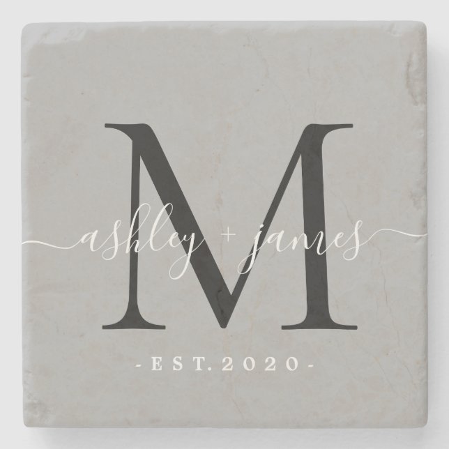 Elegant monogram skriptnamn bröllopsdatum grått stenunderlägg (Framsidan)