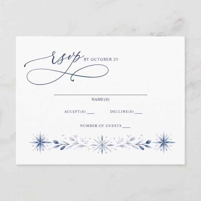 Elegant Monogram Snöflingor Blå Vinter Bröllop Vykort (Framsida)