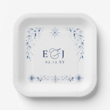 Elegant monogram snöflingor blå vinterbröllop