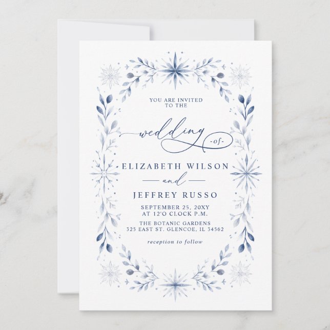 Elegant monogram snöflingor blå vinterbröllop inbjudningar (Framsida)