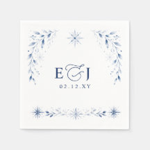 Elegant monogram snöflingor blå vinterbröllop