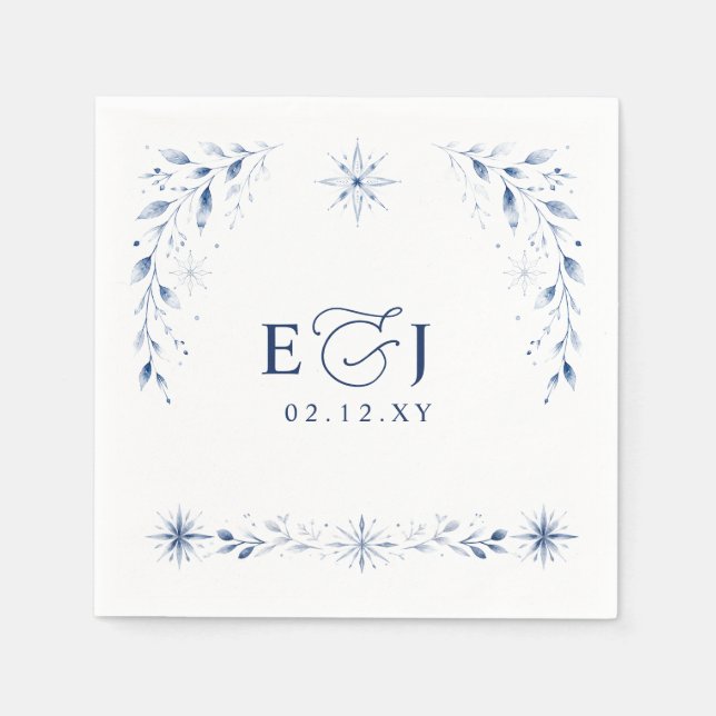 Elegant monogram snöflingor blå vinterbröllop pappersservett (Framsidan)