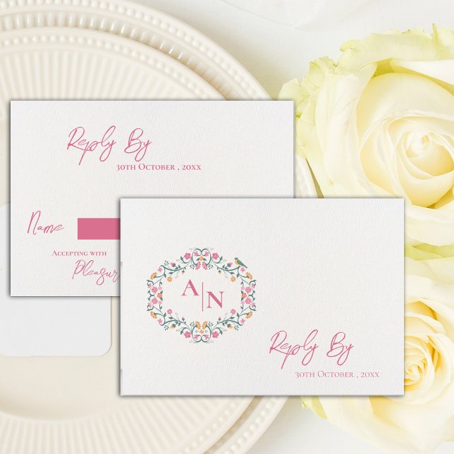 Elegant Monogram Söt Intricate Blommigt Bröllop OSA Kort (Elegant Monogram Pretty Intricate Floral Wedding RSVP Card)