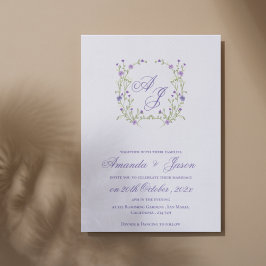 Elegant Monogram Söt Lila Blue Blommigt Bröllop Inbjudningar