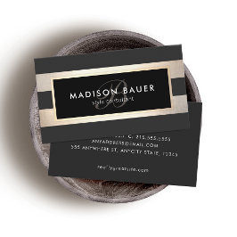 Elegant Monogram Stripe Black and FAUX Gold Foil Visitkort