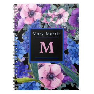 Elegant Monogram Svart Blommig i Blå Lila Rosa  Anteckningsbok