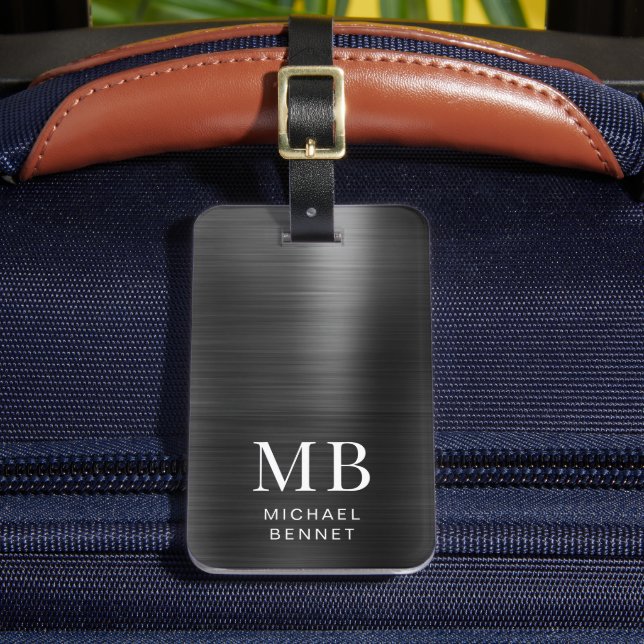 Elegant Monogram Svart Borstad Metallisk  Bagagebricka (Framsida Insitu 2)