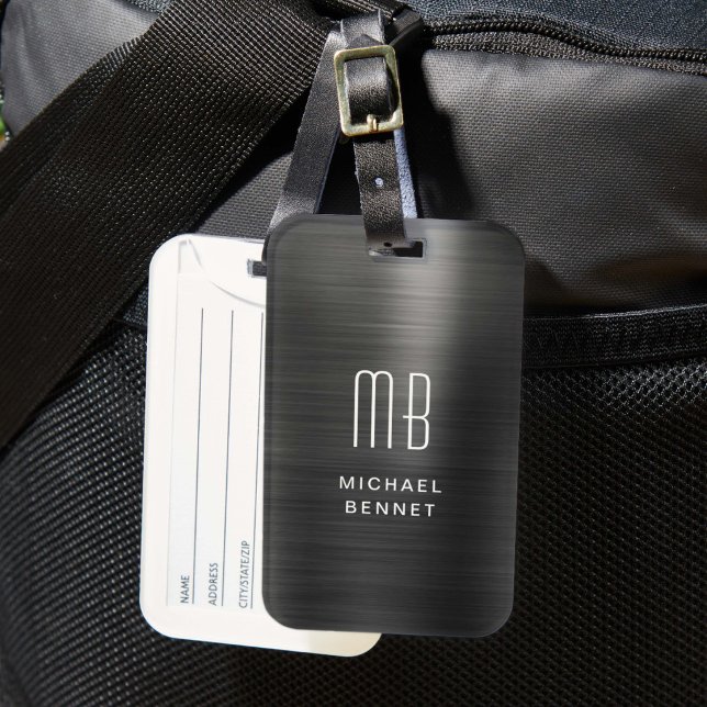 Elegant Monogram Svart Borstad Metallisk Bagagebricka (Elegant Monogram Black Brushed Metallic Luggage Tag)