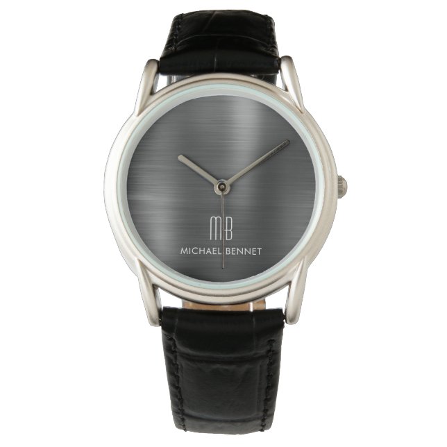 Elegant Monogram Svart Borstat Metallisk Armbandsur (Framsida)