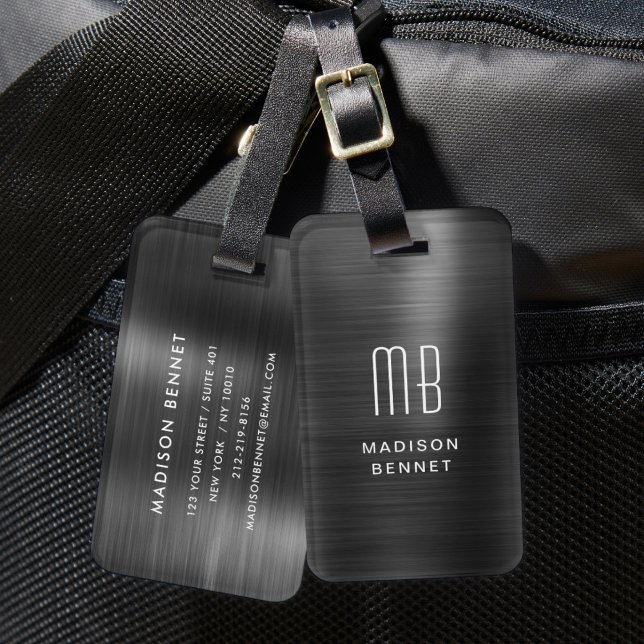 Elegant Monogram Svart Borstat Metalliskt Bagagebricka (Elegant Monogrammed Black Brushed Metallic Luggage Tag)