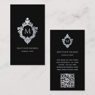 Elegant Monogram Svart Grå Vintage Vapen QR-kod Visitkort