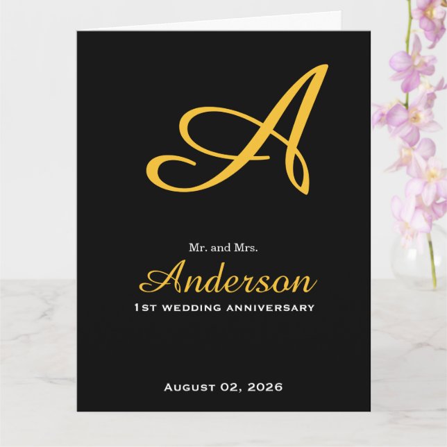Elegant Monogram Svart Guld Bröllopsjubileum Kort (Orkide)