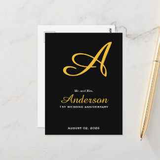 Elegant Monogram Svart Guld Bröllopsjubileum Vykort