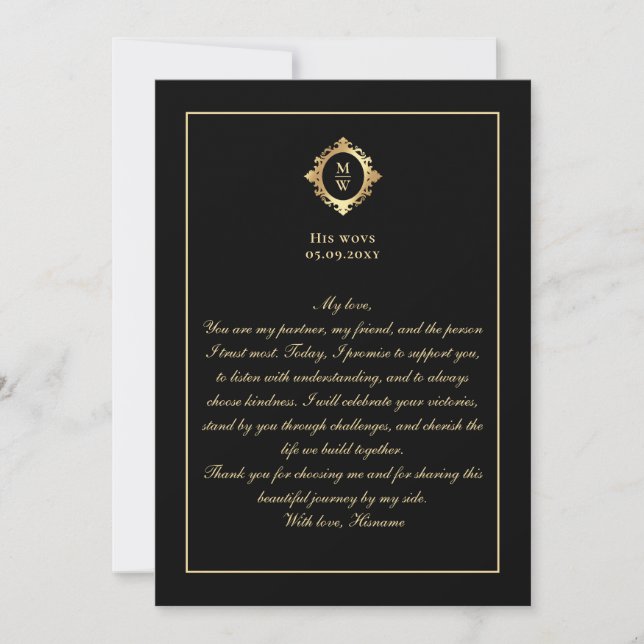 Elegant Monogram Svart Guld Bröllopslöfte Kort (Framsida)