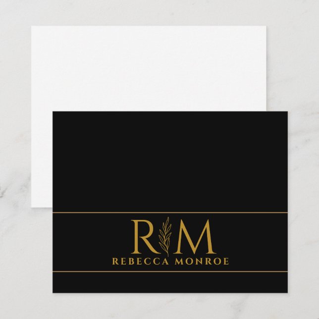 Elegant Monogram Svart Guld Namn Anteckningskort (Fram/baksida)