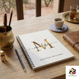 Elegant Monogram Svart Guld Skrift Kontor Skola Anteckningsbok