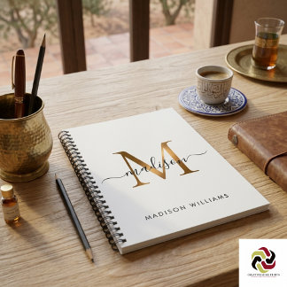 Elegant Monogram Svart Guld Skrift Kontor Skola Anteckningsbok