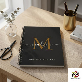 Elegant Monogram Svart Guld Skrift Kontor Skola Anteckningsbok