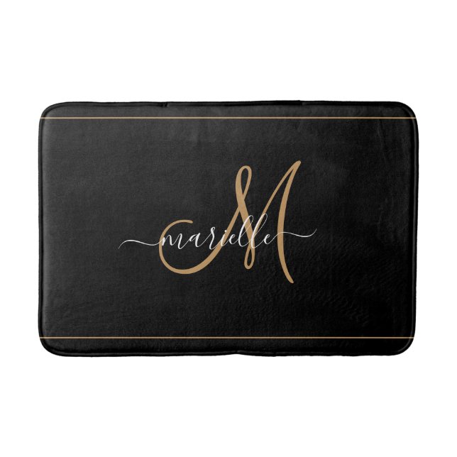 Elegant Monogram Svart Guld Skript Namn  Badrumsmatta (Framsidan)