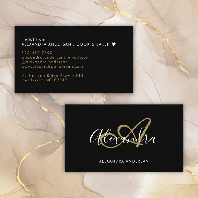 Elegant monogram svart guld skriptnamn visitkort (Elegant Monogram Black Gold Script Name Business Card)