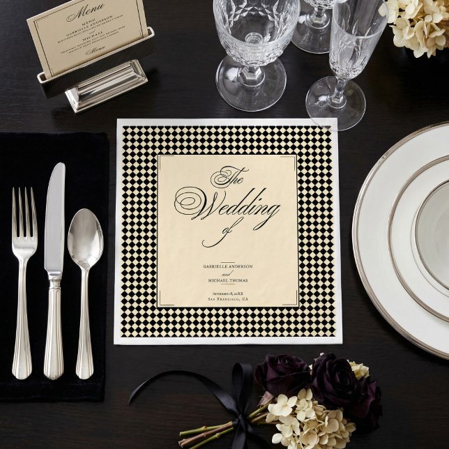 Elegant Monogram Svart Kremfärgad Rutig Pappersservett (Skapare uppladdad)