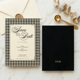 Elegant Monogram Svart Kremfärgad Rutig Spara Datumet