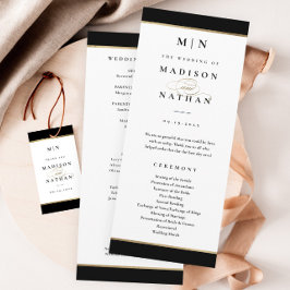 Elegant Monogram Svart och Guld Bröllop Program