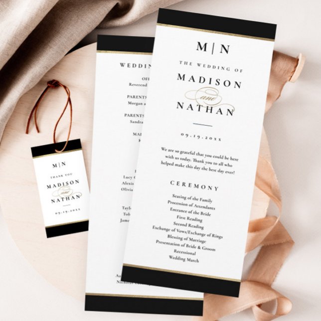 Elegant Monogram Svart och Guld Bröllop Program (Elegant black and gold wedding program. Gift tag sold separately.)