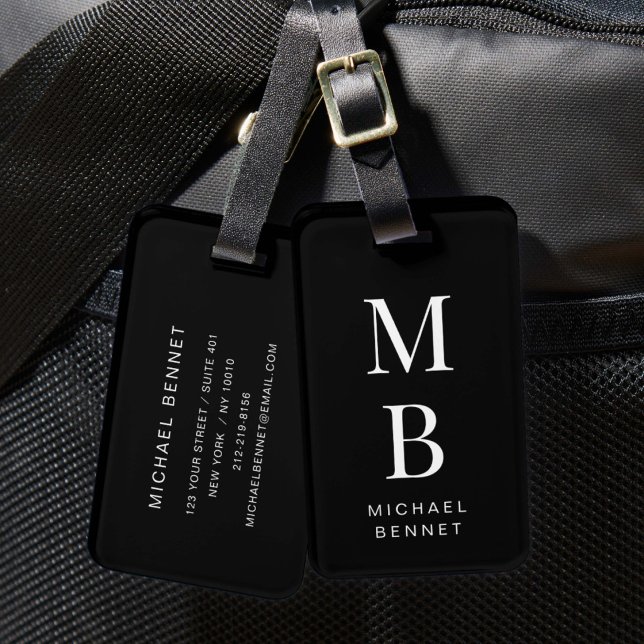 Elegant monogram svart och vit bagagebricka (Elegant Monogram Black And White Luggage Tag)