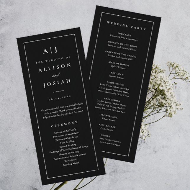 Elegant Monogram Svart och Vitt Bröllop Program (Elegant monogram black and white simple typographic wedding program.)