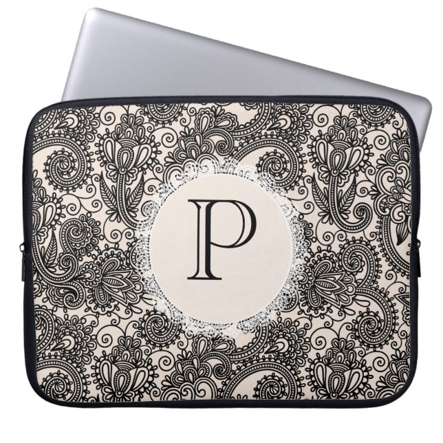Elegant Monogram Svart Spets Designer Laptopväska Laptop Sleeve (Framsidan)