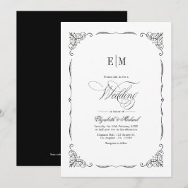 Elegant Monogram Svart & Vit Bröllops QR-kod Inbjudningar