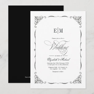 Elegant Monogram Svart & Vit Bröllops QR-kod Inbjudningar