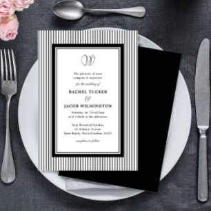 Elegant Monogram Svart & Vit Randig Bröllopsklänni Inbjudningar