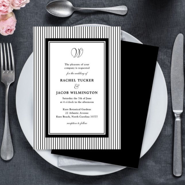Elegant Monogram Svart & Vit Randig Bröllopsklänni Inbjudningar (Skapare uppladdad)