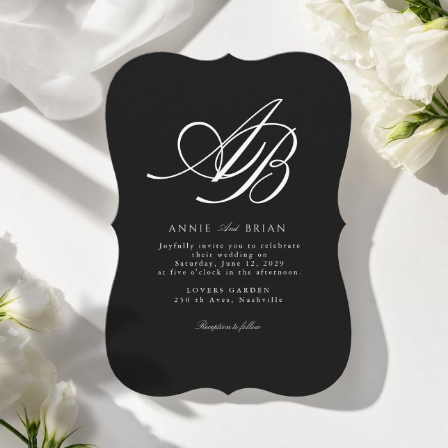 Elegant Monogram Svart Vitt Bröllop Inbjudningar (Elegant Monogram Black White Wedding Invitation)
