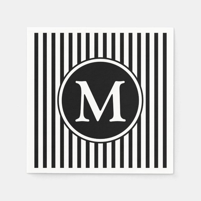 Elegant Monogram Svarta Och Vita Ränder Pappersservett (Framsidan)