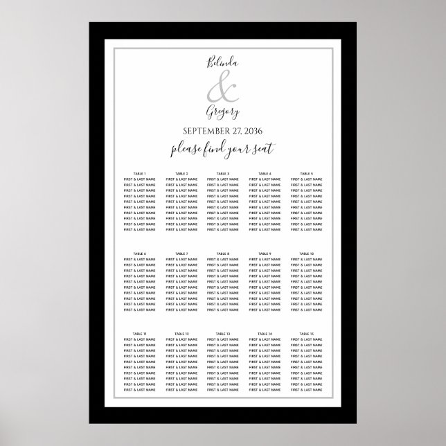 Elegant Monogram Svartvitt Bröllop-sätesdiagram Poster (Framsidan)