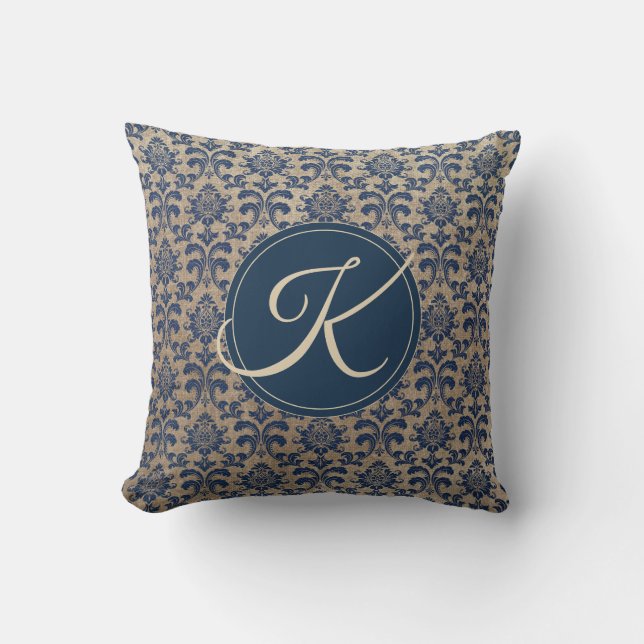 Elegant Monogram Tan och Blue Damask Kudde (Framsida)