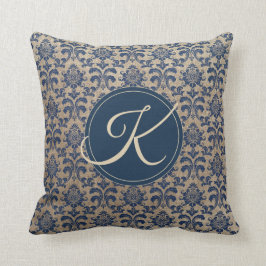 Elegant Monogram Tan och Blue Damask Kudde