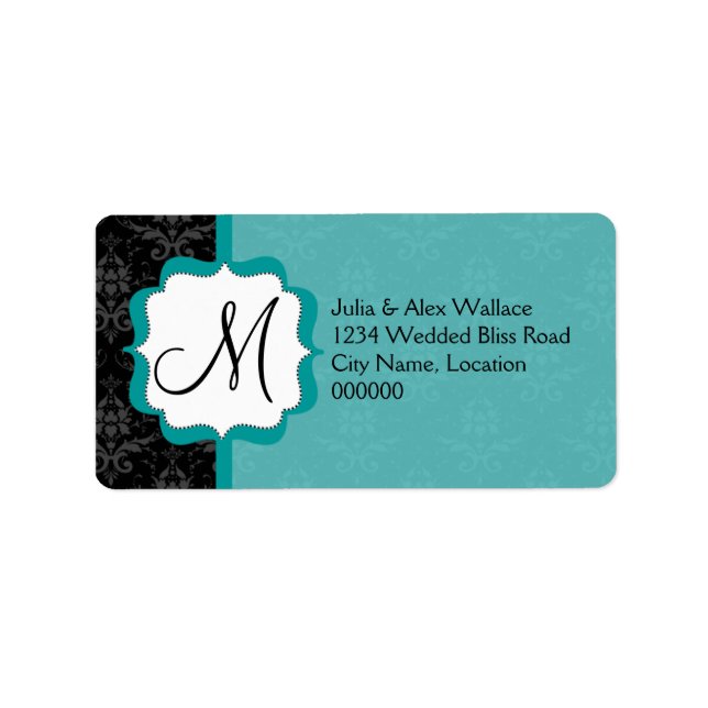 Elegant Monogram Teal Damask Adressetikett (Framsidan)