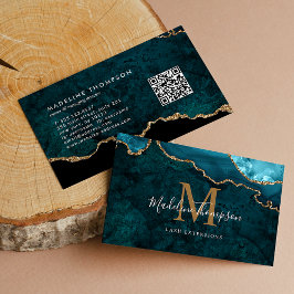 Elegant Monogram Teal Guld Agate Geode QR-kod Visitkort