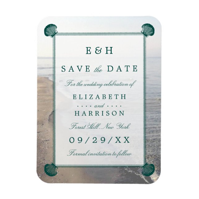Elegant Monogram, Teal Scallop Beach Spara datum Magnet (Vertikal)