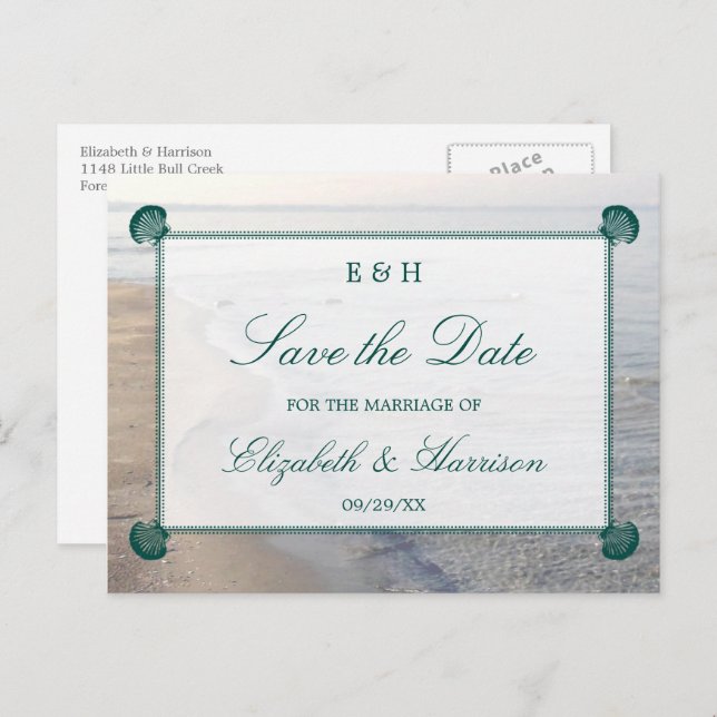 Elegant Monogram, Teal Scallop Beach Spara datum Meddelande Vykort (Fram/baksida)