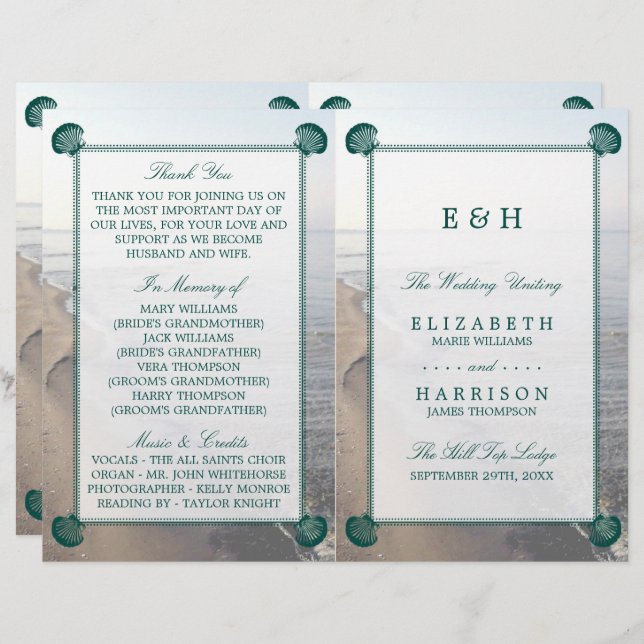 Elegant Monogram & Teal Scallop Beach Wedding (Fram/baksida)