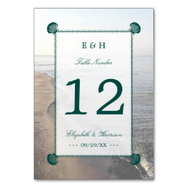 Elegant Monogram & Teal Scallop Beach Wedding Bordsnummer