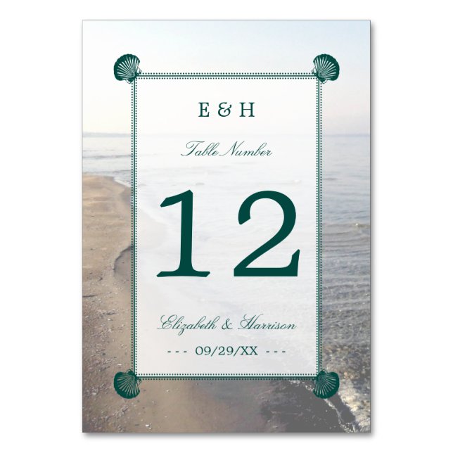 Elegant Monogram & Teal Scallop Beach Wedding Bordsnummer (Framsidan)